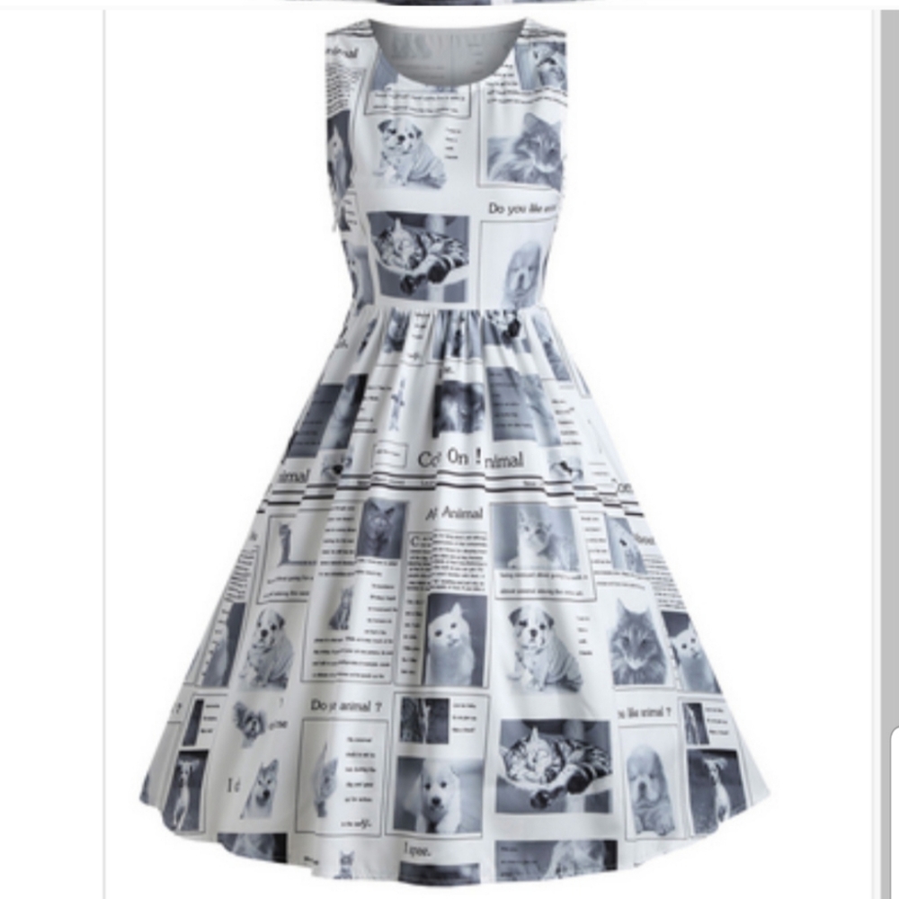 Super Cute Vintage style Dog Cat Newsprint Dress